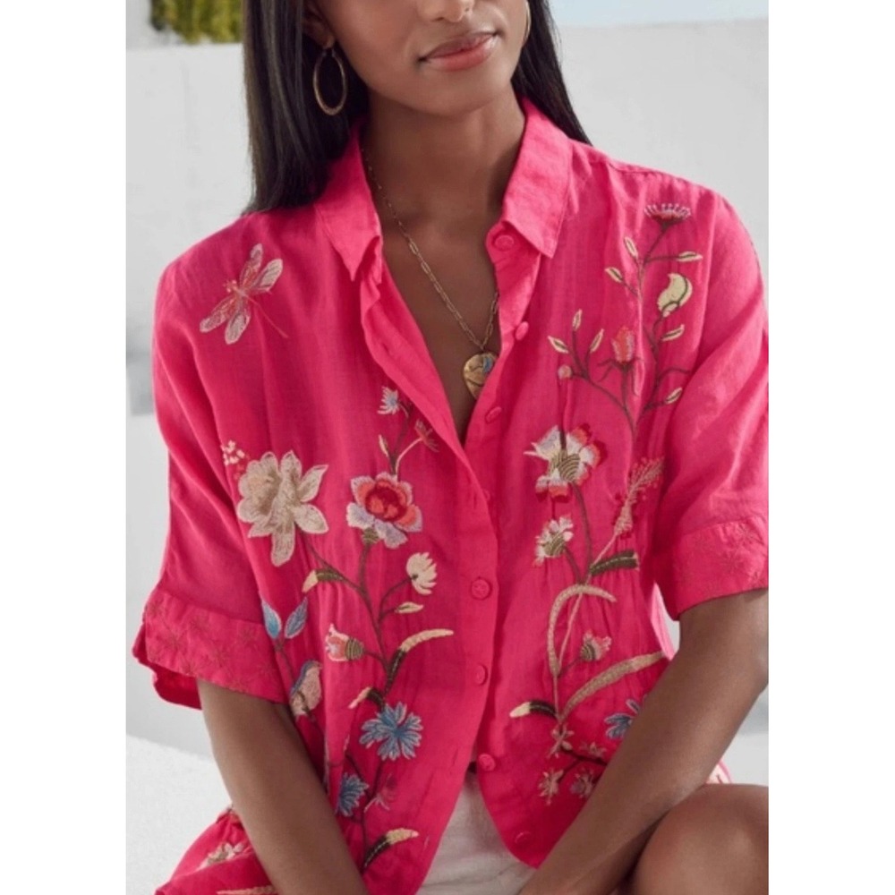 Johnny Was Magenta Ramie Embroidered Floral Crane Shirt W19923-2 XS Dragonfly